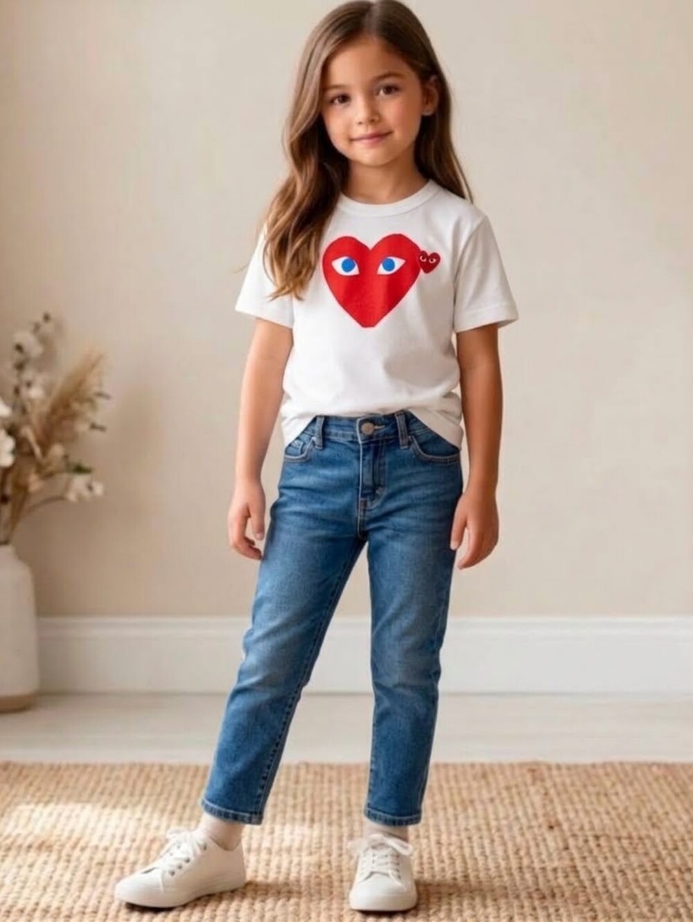 Comme Des Garcons • Play Blue Eyes Red Heart T-Shirt in White , Girls Size Large